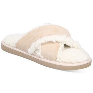 ALFANI Women's Crossband Faux Suede Sherpa Slipper shoes Toffee Latte Large 9/10